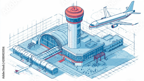 illustration of airport with control tower airplane aircraft terminal and passenger trains in blue and white colors