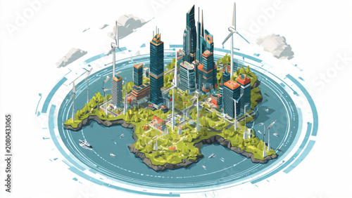 Futuristic green cityscape with wind turbines skyscrapers and lush parks in an eco-friendly urban environment