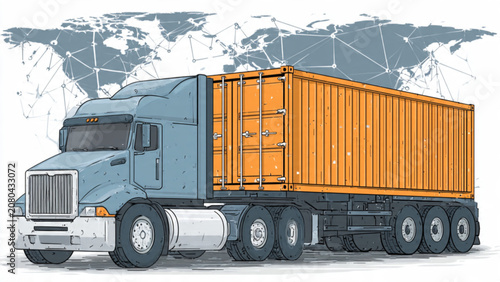 large freight truck with orange container on highway transportation road landscape