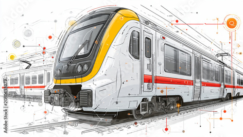 Modern high-speed train in white and yellow colors with red accents on a digital background