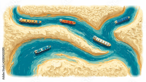 Miniature boats navigating winding blue water channels through sandy terrain with beige shores in a top-down view