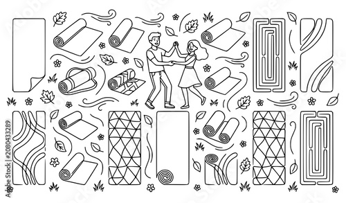 Cute dancing couple coloring page with autumn leaves and windy weather outline vector illustration eps10