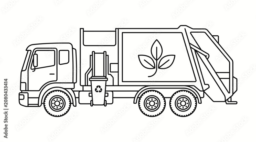 Fototapeta premium Outline drawing of a green waste collection truck.