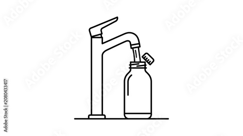 Minimalist line art illustration of water filling a glass bottle from a faucet.