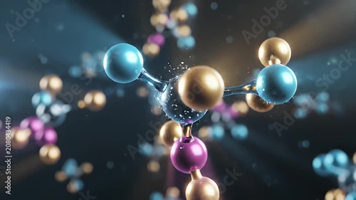 Abstract visualization of a complex molecular structure with vibrant colored spheres connected by metallic rods.