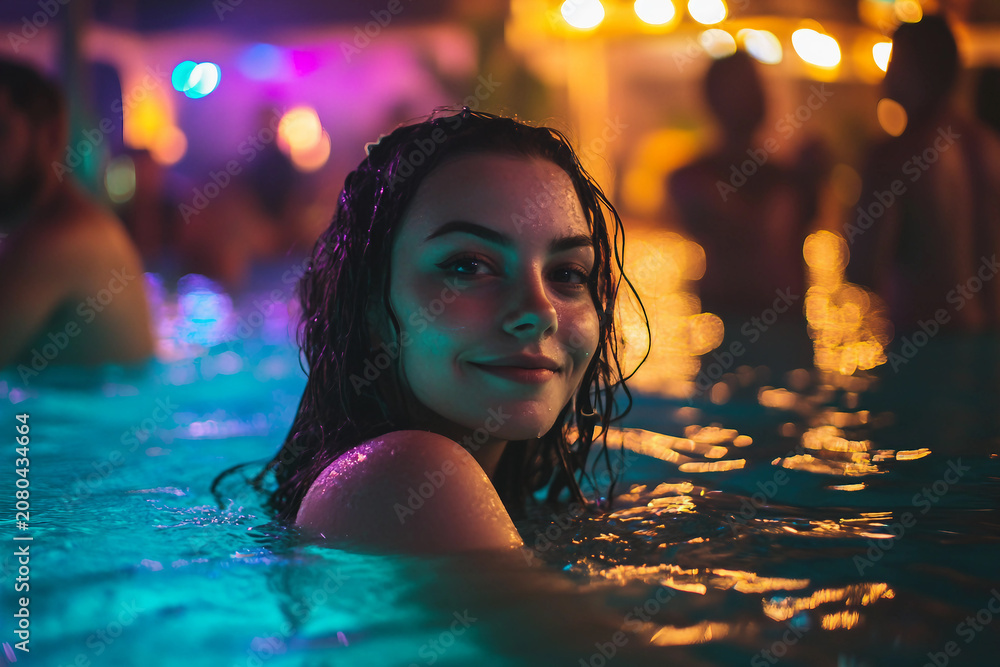 Fototapeta premium Generative AI image of group of friends enjoying neon pool party with glowing lights water fun relaxation and nightlife vacation atmosphere