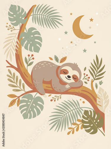 Poster Peaceful sloth in jungle night with copy space