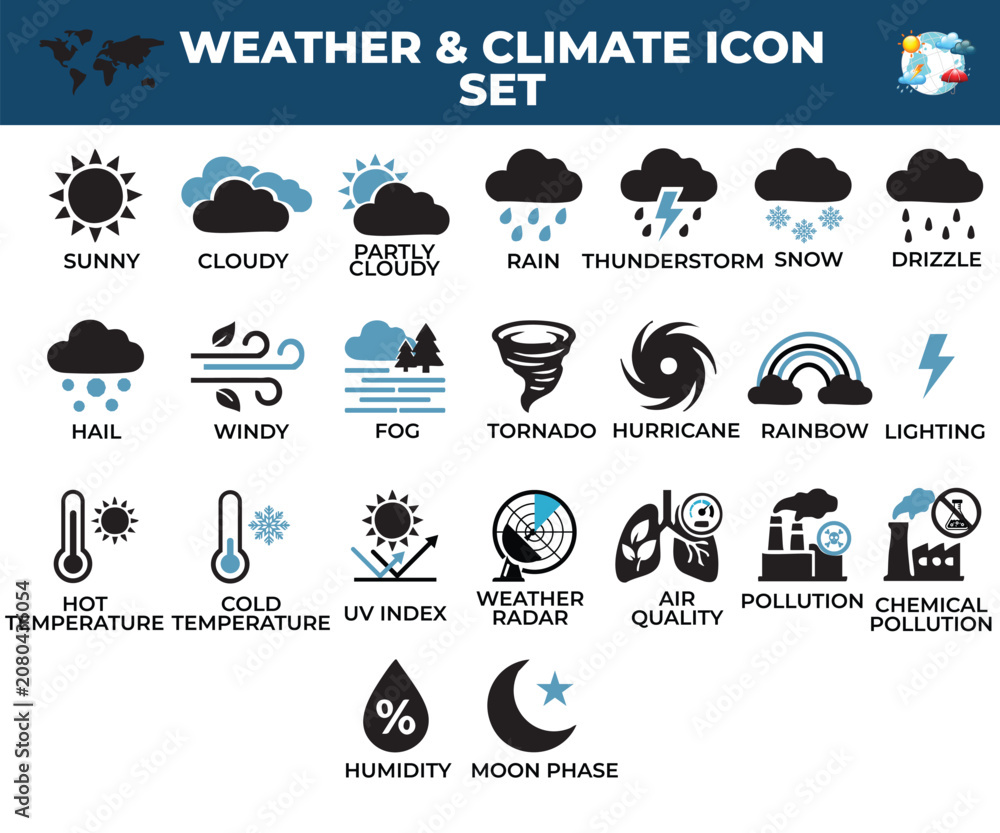 Naklejka premium Weather and Climate Icon Set with Sunny, Rain, Snow, Wind, Hurricane, Air Quality and Weather Forecast Vector Icons