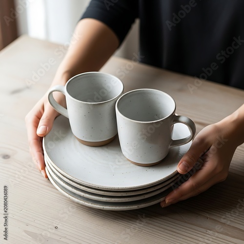 Hands Holding Stack of Handmade Ceramic Plates and Two Mugs on a Rustic Wooden Table
