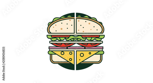 Minimalistic Sandwich Illustration Showcasing Layers and Colorful Food Elements on White Background