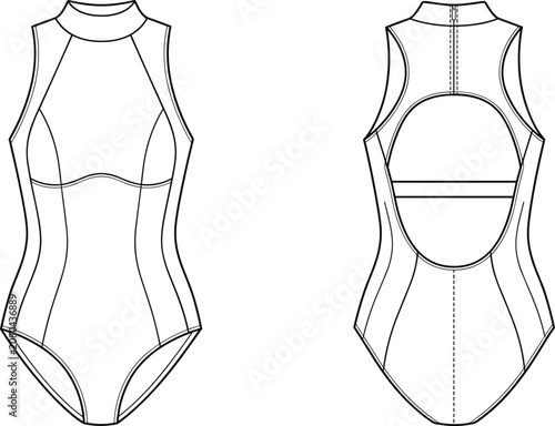 Technical flat sketch of one‑piece swimsuit bodysuit front and back views with seam details for fashion design illustration