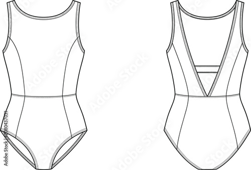 Technical flat sketch of one‑piece swimsuit front and back views with high neckline, deep V‑back, seams, and strap details