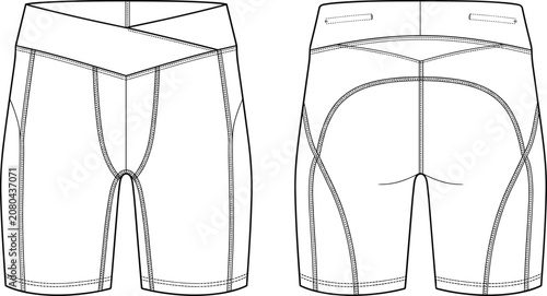 Technical flat sketch of fitted athletic shorts front and back views with crossover waistband, seam details, and performance design features