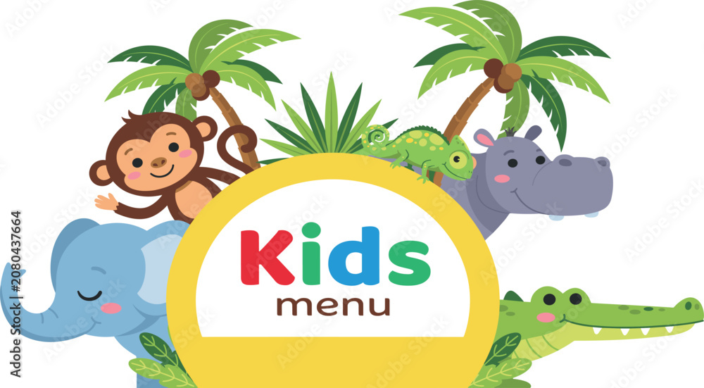 Naklejka premium Kids menu template banner featuring cute cartoon jungle animals monkey elephant crocodile hippo and palm trees vector illustration isolated on white background