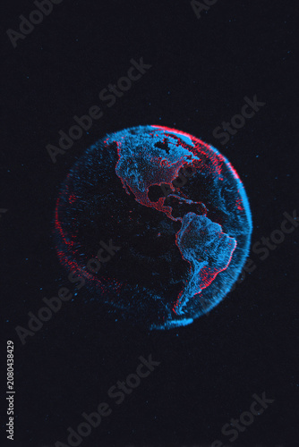 Small luminous sphere drifts in vast darkness mapped with fine glowing contour lines