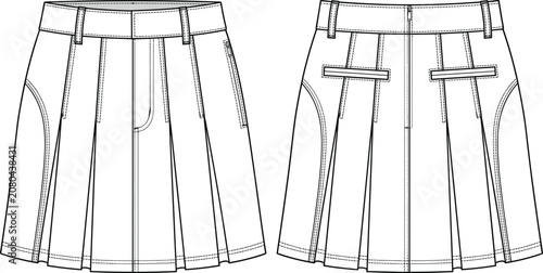 Technical flat sketch of pleated skirt front and back views with waistband, belt loops, pockets, seams, and structured fashion details