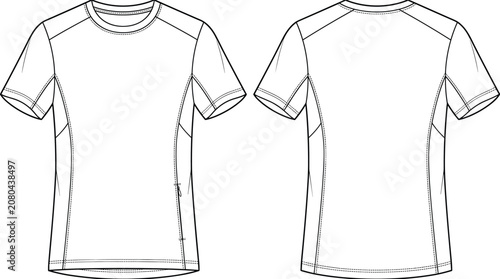 Technical flat sketch of short‑sleeve T‑shirt front and back views with raglan sleeves, seam details, and double‑stitched hems