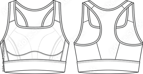 Technical flat sketch of sports bra front and back views with racerback design, seam details, and reinforced stitching illustration