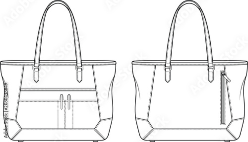 Technical flat sketch of structured handbag front and back views with pockets, zipper, reinforced seams, and fashion design details