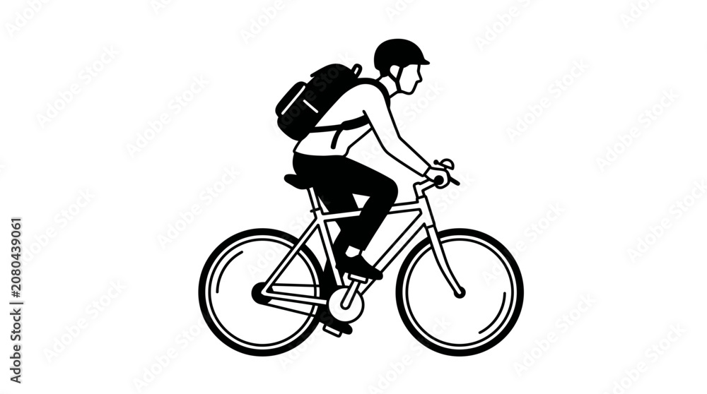 Fototapeta premium Minimalist black and white line art illustration of a person riding a bicycle.