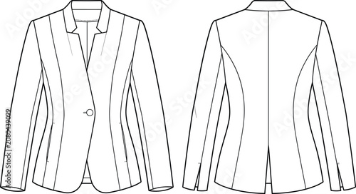 Technical flat sketch of tailored blazer front and back views with notched collar, button closure, seams, and vent details