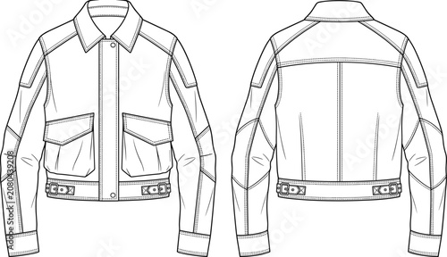 Technical flat sketch of structured jacket front and back views with zipper, collar, pockets, seams, and adjustable straps