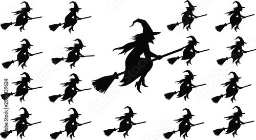 Tableau sur toile Set of 17 witch silhouette icons flying on broomsticks in various poses for Hall