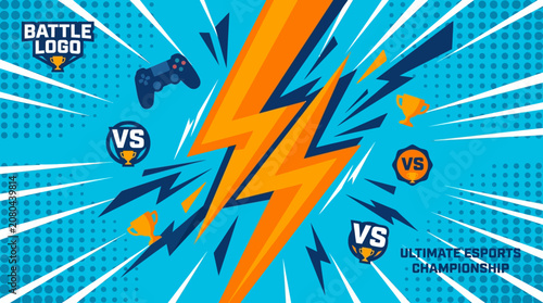 Photos A competitive gaming logo features a bold orange lightning bolt with game controllers and VS symbols on a blue background with white streaks and dots