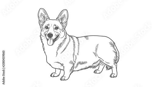 Standing Welsh Corgi Dog Line Art Illustration Isolated on White Background
