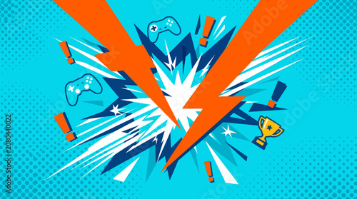 Slika na platnu Vibrant illustration of gaming elements exploding in a dynamic scene with lightning