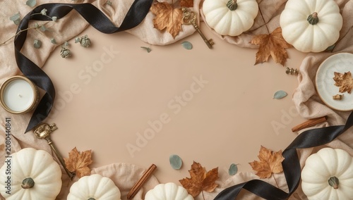 Decorative Arrangement With White Pumpkins and Autumn Leaves on a Beige Surfa...