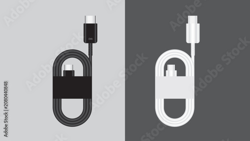 Black and white usb cables coiled up on gray and dark backgrounds for charging and data transfer purposes with modern design