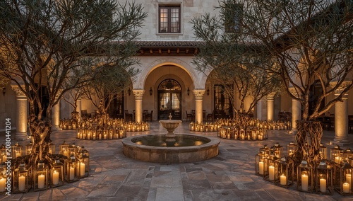 Warm Light Fills the Courtyard With Candles and Trees During the Evening at a...