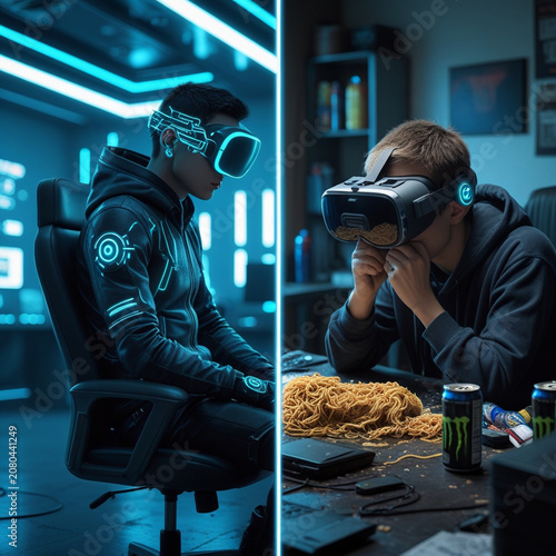 Expectation vs reality comparison of a cyberpunk hacker life, split screen showing high-tech clean room versus messy cramped apartment, concept of digital lifestyle
