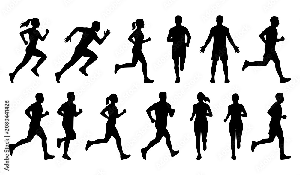 Obraz premium Jogging Men and Women Silhouette Vector Set with Dynamic Running Poses Isolated on White Background