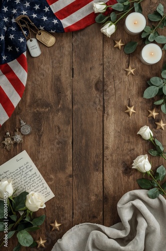 Decorative Arrangement With American Flag, Flowers and Candles on Wooden Surface