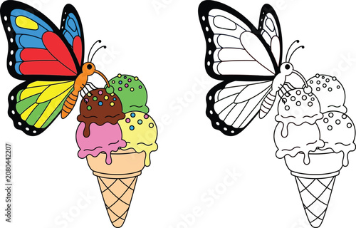 Canvas Print Colorful Butterfly Eating Ice Cream with Black and White Coloring Page Split Des