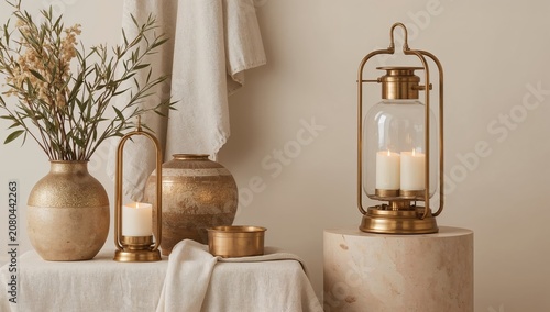 Decorative Lanterns and Candles Arrange on Tables in a Simple Indoor Setting ...