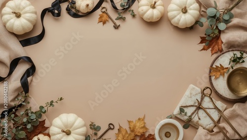 Decorative Arrangement With Pumpkins and Autumn Leaves on Light Background
