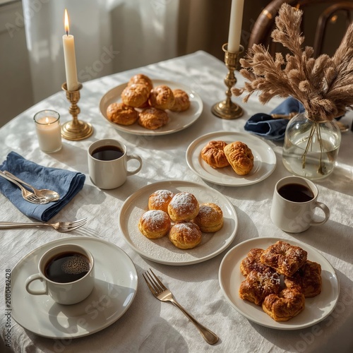Coffees and Pastries on a Table With Candles and Decorative Elements During M...