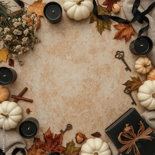 Fall Decor With Candles, Small Pumpkins, and Leaves on a Table