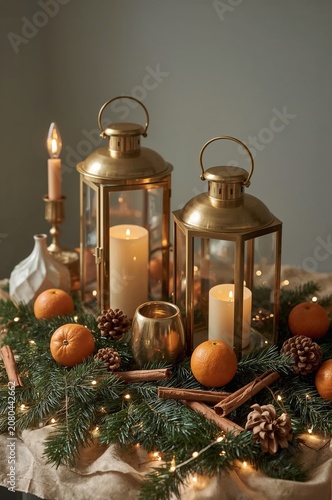 Warm Lanterns and Candles Surrounded by Oranges and Pine Cones on a Table Dec...