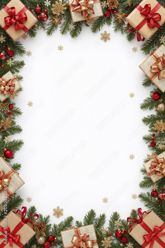 Fototapeta premium Colorful Christmas Decorations With Gifts and Ornaments Arranged Around a Blank Space