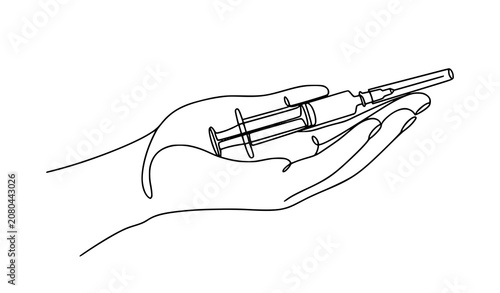 Continuous one line syringe in hand illustration addiction awareness recovery vector eps10