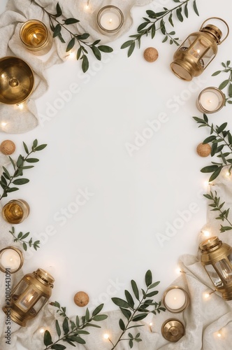 Decorative Arrangement of Lanterns, Candles, Leaves, and Lights on a White Su...