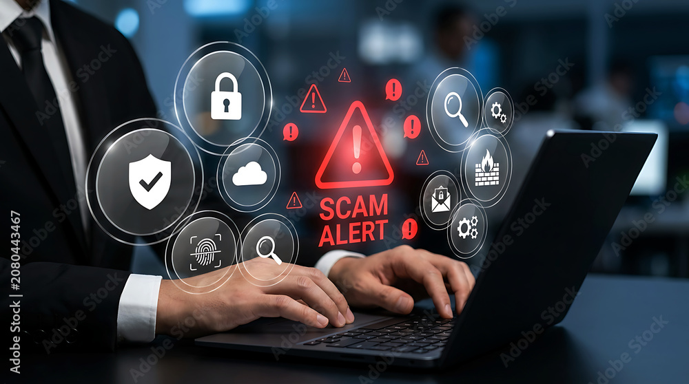 Fototapeta premium Scam Alert Digital Security Protection Against Online Fraud And Phishing