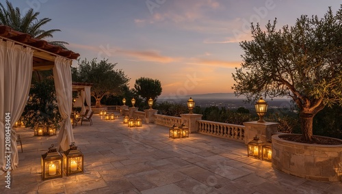Evening Lights on a Terrace With Lanterns, Trees, and a Sunset View