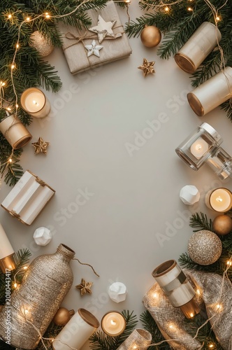Decorative Holiday Arrangement With Gifts, Candles, and Ornaments Placed on a...