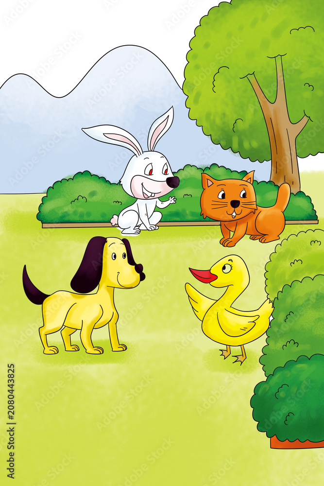 Naklejka premium Four Cute Small Animals Gather on a Green Lawn