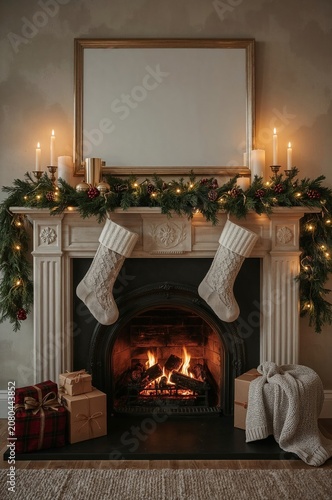 Cozy Fireplace Setup With Stockings and Gifts During Winter Holiday Season